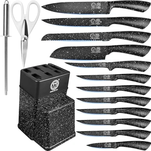 XYJ Authentic Since 1986,Messerblock Set,Küchenmesser Set mit Halter,Professionelles Japanisches Kochmesser Set,Carving Slicing Paring Brotmesser,Steakmesser,Schwarze Farbe