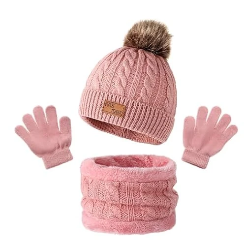 Cinsersr - Ensemble Bonnet Écharpe Gants 3 en 1 pour Enfant - Rose, M - Enfants Filles de 1 à 6 ans