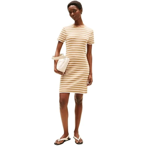 Tommy Hilfiger Robe Femme New Cody Slim Short Dress en Coton, Multicolore (Hickory/Ecru STP), M