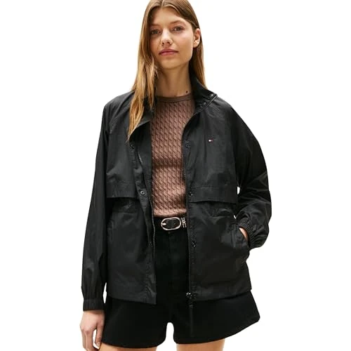 Tommy Hilfiger Women’s Nylon Packaway Windbreaker with Zip, Black (Black), XL