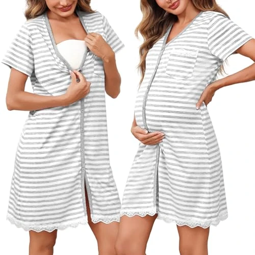 Uniexcosm Stillnachthemd Damen Kurzarm Baumwolle Umstandsnachthemd V Ausschnitt Mutterschaft Nachthemd Knopfleiste für Schwangere oder Stillende Frauen Umstandskleid Stil 1:Hellgrau-1 S
