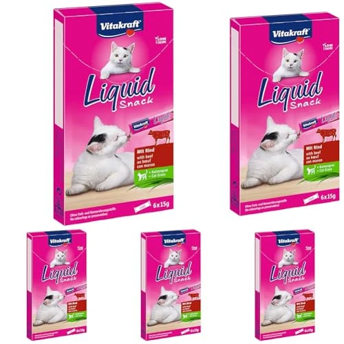 Vitakraft Spuntino liquido con manzo + erba di gatto, 1 confezione (6 buste da 15 g) (Confezione da 5)