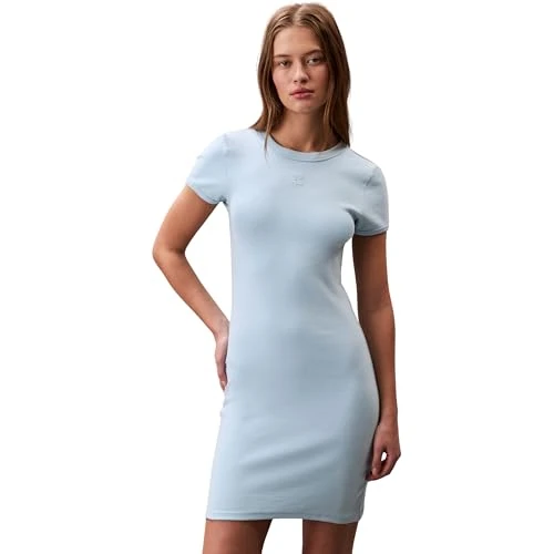 Calvin Klein Vestido Camisero Corta Mujer Mini con Cuello Redondo, Azul (Cool Blue), XXS