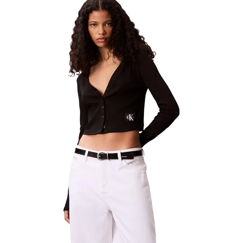 Offerta a tempo: Calvin Klein Donna Giacca in Maglia Woven Label Rib con Chiusura a Bottoni, Nero (Black), XS - 45% da 59.90 € a 32.99 €