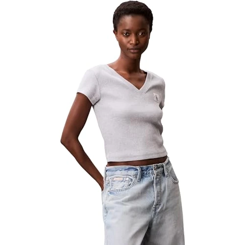 Limited-time offer: Calvin Klein Women’s Short Sleeve V-Neck Woven Label Rib T-Shirt, Grey (Bc06 Grey Heather), XXS from 23.88 GBP to 23.88 GBP (save 0%)