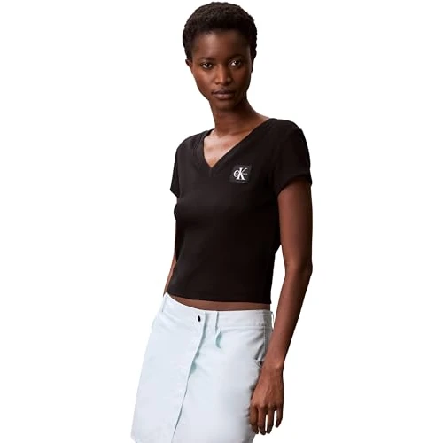Offerta a tempo: Calvin Klein Donna T-Shirt Maniche Corte Woven Label Rib Tee con Scollo a V, Nero (Black), M - 43% da 39.90 € a 22.74 €