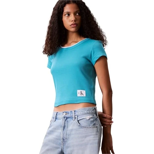 Calvin Klein T-Shirt Manches Courtes Femme Woven Label Rib Baby Tee avec Col Ras-du-Cou, Turquoise (Tuscan Teal), XS