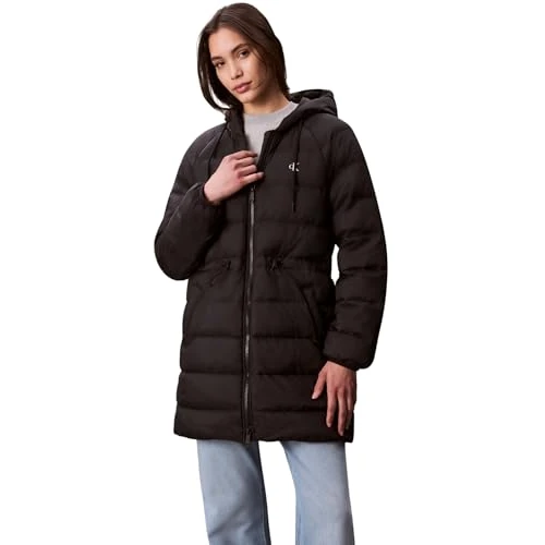Calvin Klein Women’s Lightweight Logo Mid Length Down Coat with Hood, Black (Black), M