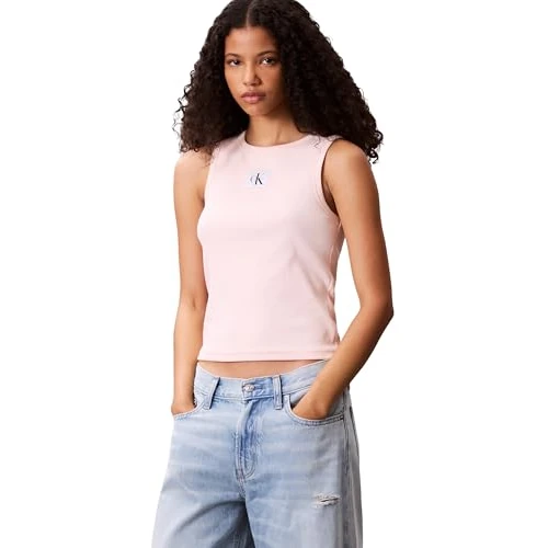 Offerta a tempo: Calvin Klein Donna Canotta Woven Label Rib con Logo, Rosa (Cloud Pink), XXS - 46% da 29.90 € a 16.11 €