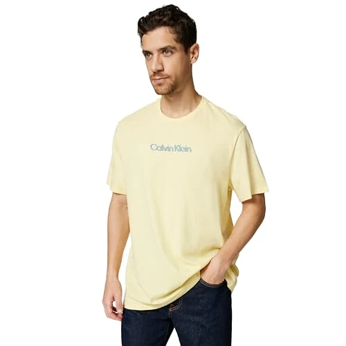 Calvin Klein Men's Short Sleeve Glitched Logo Classic Cotton T-Shirt, Yellow (Sunlight), L