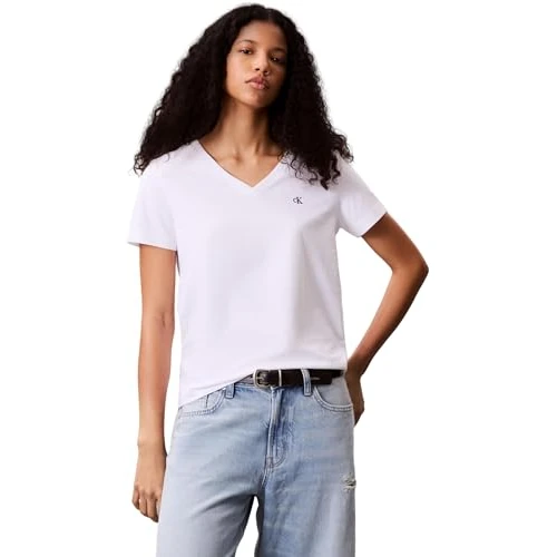 Calvin Klein Women’s Short Sleeve V-Neck Archive Jersey T-Shirt, White (Brilliant White), 3XS