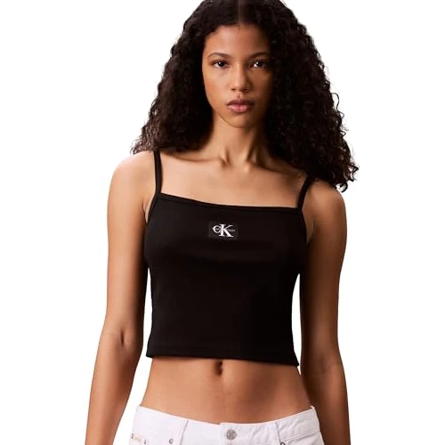 Zeitlich begrenztes Angebot: Calvin Klein Damen Tank Top Woven Label Cami Gerippt, Schwarz (Black), L von 29.90 € auf 18.10 € (39% Rabatt)