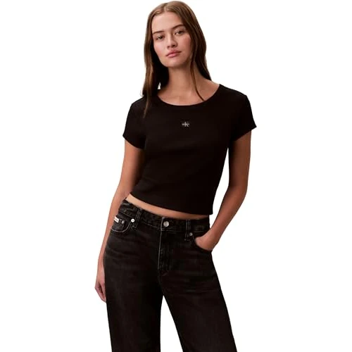 Offerta a tempo: Calvin Klein Donna T-Shirt Maniche Corte Woven Label Rib Baby Tee con Scollo Rotondo, Nero (Black), 2XS - 56% da 39.90 € a 17.66 €
