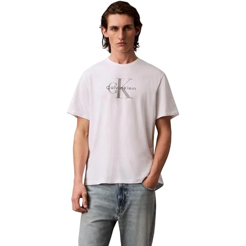 Calvin Klein Herren T-Shirt Kurzarm Monologo Tee aus Baumwolle, Weiß (Brilliant White), XXS