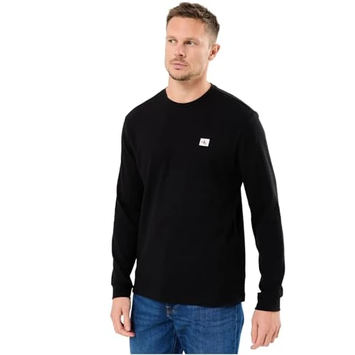 Calvin Klein Men’s Waffle Badge Long Sleeve Top with Round Neck, Black (Black), XS