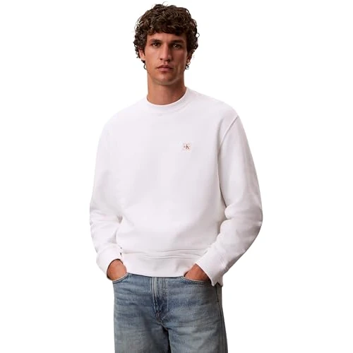 Offerta a tempo: Calvin Klein Uomo Felpa Terry Badge con Scollo Rotondo, Bianco (Bright White), L - 40% da 89.90 € a 53.99 €