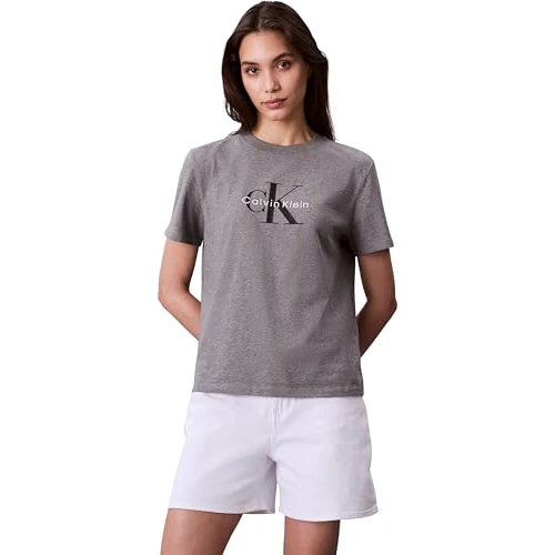 Calvin Klein Women’s Short Sleeve Round Neck Hero Classic Monologo T-Shirt, Grey (B30 Grey Heather), XXS