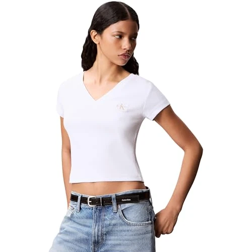 Calvin Klein Women’s Short Sleeve V-Neck Woven Label Rib T-Shirt, White (Brilliant White), L