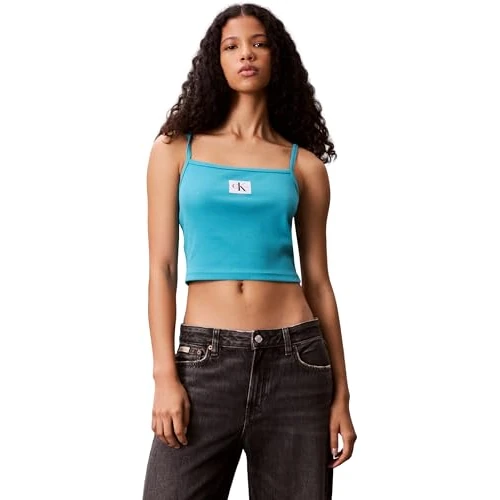 Offerta a tempo: Calvin Klein Donna Canotta Woven Label Cami a Costine, Turchese (Tuscan Teal), L - 20% da 29.90 € a 23.90 €