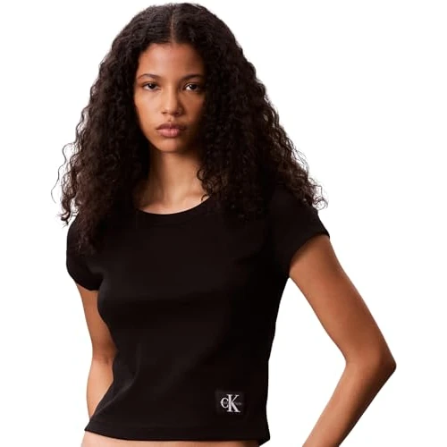 Oferta limitada: Calvin Klein Camiseta de Manga Corta Mujer Woven Label Rib Baby tee con Cuello Redondo, Negro (Black), S de 39.90 EUR a 32.33 EUR (ahorro 19%)