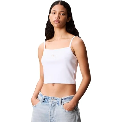 Oferta limitada: Calvin Klein Camiseta de Tirantes Mujer Woven Label de canalé, Blanco (Brilliant White), XXL de 29.90 € a 17.92 € (ahorro 40%)