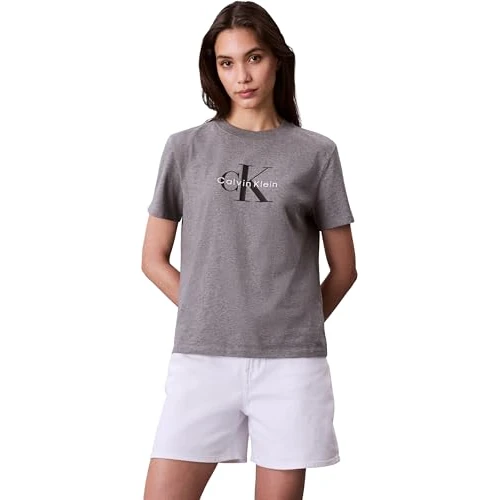 Calvin Klein Camiseta de Manga Corta Mujer Hero Classic Monologo tee con Cuello Redondo, Gris (B30 Grey Heather), XS