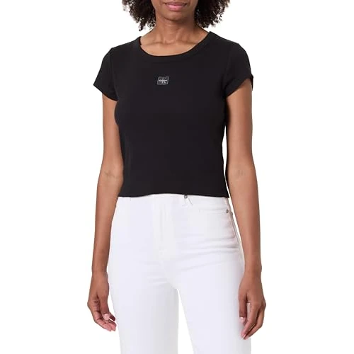Calvin Klein Donna T-Shirt Maniche Corte Woven Label Rib Baby Tee con Scollo Rotondo, Nero (Black), XXL