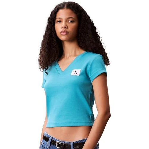 Calvin Klein Donna T-Shirt Maniche Corte Woven Label Rib Tee con Scollo a V, Turchese (Tuscan Teal), XXS