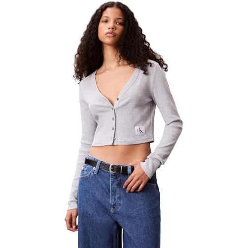 Limited-time offer: Calvin Klein Women’s Woven Label Ribbed Cardigan with Button Placket, Grey (Bc06 Grey Heather), L from 20.45 £ to 20.45 £ (save 0.00%)