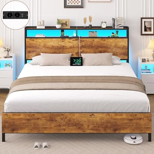 Offerta a tempo: Brinlawb Struttura Letto Matrimoniale 140x200 cm con Luce LED e Stazione di Ricarica (2 Prese CA, 2 Porte USB) Struttura Letto 140x200 cm con struttura in metallo, Facile da montare, Moderno, Marrone - 16% da 94.99 € a 79.99 €