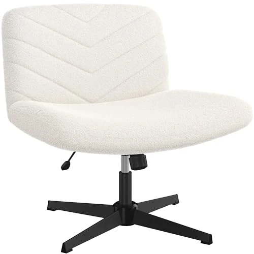 Yaheetech Chaise de Bureau sans roulettes, Fauteuil de Bureau sans Accoudoirs avec Large Assise, Fauteuil Pivotant en Tissu Bouclette, Chaise Réglable en Hauteur, pour Bureau Chambre, Ivoire