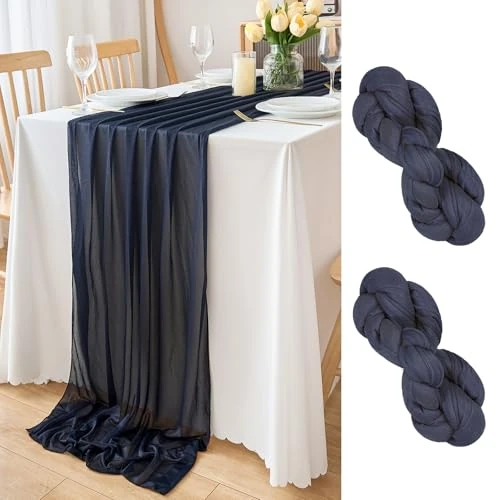 DecorMommt Azul Oscuro Camino de Mesa de Gasa Caminos de Mesa Centros Decorativos de Mesa 2 Piezas Camino Mesa para Boda Cumpleaños Fiesta Vacaciones Decoracion Mesa Comedor, 77x300cm