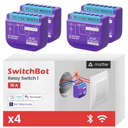 SwitchBot Przełącznik Wi-Fi 1 (4-pak) kompatybilny z Alexa/Apple Home/Google Home, moduł przekaźnikowy z wbudowanym repeaterem Bluetooth i suchym kontaktem, Wi-Fi 2,4 GHz, 16 A