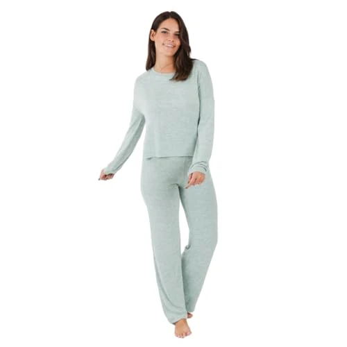 Offerta a tempo: TRAMAS+ Pigiama da Mezza Stagione da Donna, Pigiama Angorina da Donna, Set di T-Shirt a Maniche Lunghe e Pantaloni Lunghi con Vita Calda Regolabile, Set da Donna- S, Verde - 33% da 23.99 € a 15.99 €
