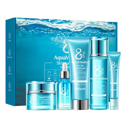 Quiyum Skincare Set, 8X H2O AquaVitalize Face Care Kit, Hydrating Facial Cleanser, Toner, Serum, Eye Cream & Cream, Pamper Gifts for Women Mom Birthday, Plump, Smooth & Glass Skin for All Skin Types
