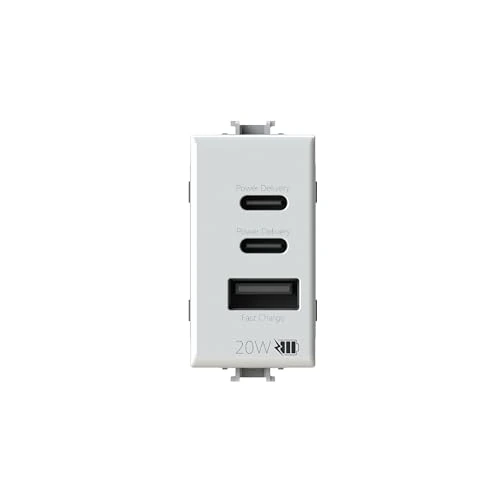 4box - Alimentatore USB CCA 20W compatibile Bticino® Matix™, per caricare i tuoi dispositivi senza bisogno di alimentatori. 3 connettori: due di tipo C e uno di tipo A. Colore Bianco