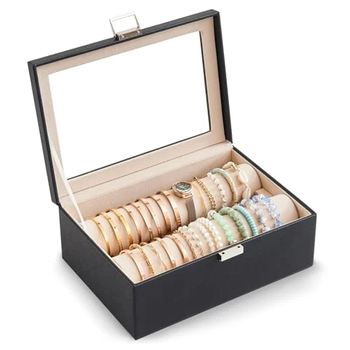 Lolalet Organizer na bransoletki, pudełko do przechowywania biżuterii z rolkami, przezroczysta pokrywka, dla kobiet i dziewcząt, czarny