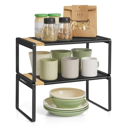 SONGMICS HOME Półka na przyprawy, zestaw 2 szt., rozkładana, organizer kuchenny, półka kuchenna, organizer do szafki, organizer stołowy, naturalny beż i atramentowa czerń KCS051B01