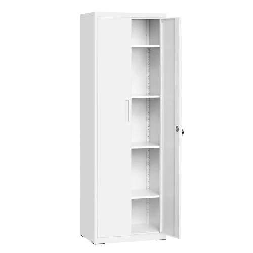 SONGMICS Office Storage Cabinet, Steel, 5 Levels, 40 x 60 x 180 cm, Double Doors, Lock, Tool Cabinet, Adjustable Shelves, for Garage, Office, Matt White OMC014W01