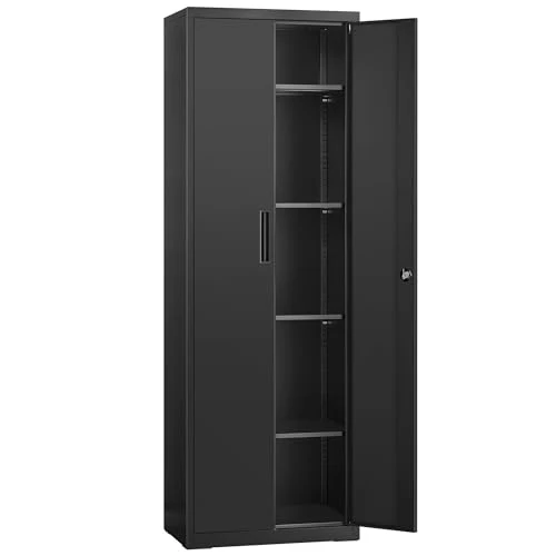 SONGMICS Armario de Garaje de 5 Estantes con 2 Puertas, Armario de Oficina, 40 x 60 x 180 cm, 1 Cerradura, Estantes Ajustables, Gabinete de Metal, Negro Mate OMC014B01