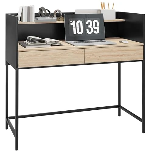 HOMCOM Escritorio de 2 cajones con estante superior y asas retráctiles, escritorio moderno de madera y acero, 106 x 51,5 x 102,5 cm, negro y color roble
