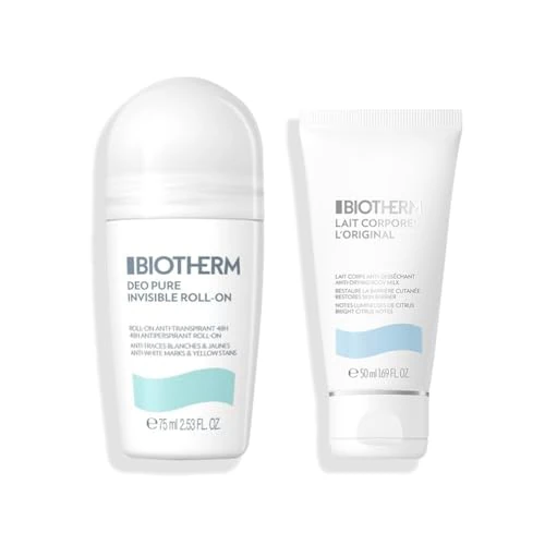 BIOTHERM Deo Pure Invisible Roll-On + Lait Corporel Body Milk Travel Size, dezodorant Roll-On Antiperspirant do 48 h i przeciwzmarszczkowy nawilżający mleko do ciała, 75 ml + 50 ml