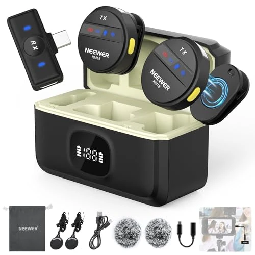 Offre limitée : NEEWER Micro Lavalier sans Fil pour iPhone, Mini Micro Réduction Bruit avec USB C/OTG/Boîtier de Chargement Batterie 24H Vidéo Vlog Compatible avec iPhone 16 15 Téléphone Android PC Ordinateur, KM18 de 75.99 € à 56.09 € (26% de remise)