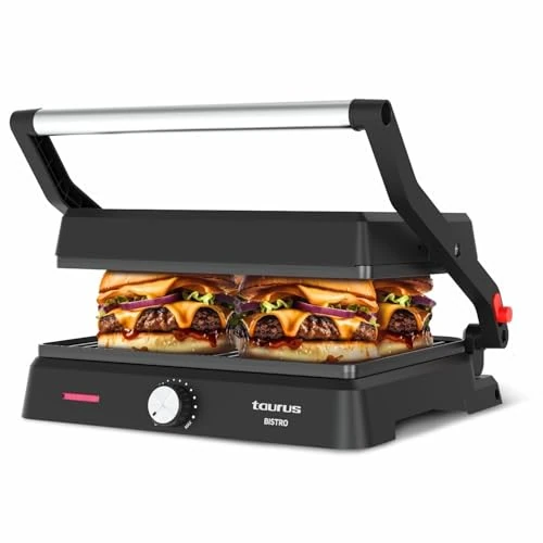 Offre limitee: Taurus - Grill Bistro 2600W | 2-en-1: Grill et Plancha | Plaques 29x23 cm | Ouverture 180° | Revêtement Antiadhésif sans PFOA | Bac à Graisse | Thermostat Réglable, Noir, Métal de 74.99 EUR a 64.99 EUR (economie 13%)