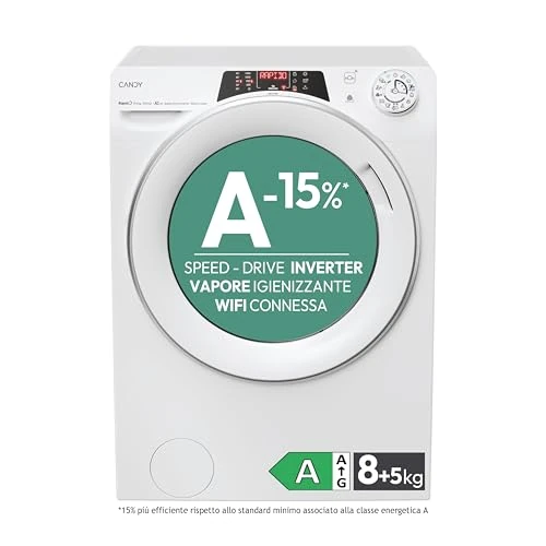 Candy Smart Pro Inverter ROW 4856DWMS7-S, Wasmachine, 8 + 5 kg, klasse A-15%, 1400 omwentelingen, 76 dB, snelcycli, uitgestelde startfunctie, stoom, 16 programma's, wit, H x B x D 85 x 60 x 54 cm