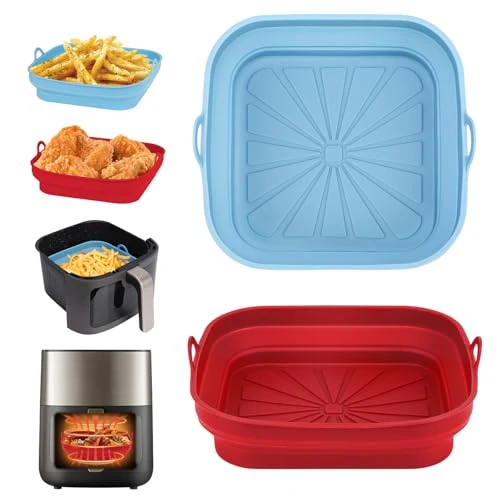 Alyvisun Silicone Air Fryer Liners, 2PCS Reusable Airfryer Tray Foldable Kitchen Accessories Basket Versatile Square Baking Rack Pot for Microwave, Oven (Red+Sky Blue)
