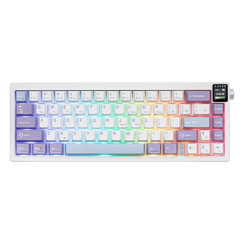 Zeitlich begrenztes Angebot: MechLands AK650 65% Dichtung Mechanische Tastatur, 3 Modi Wireless Gaming Tastatur mit 0.85'' TFT Bildschirm & Knopf, 5000 mAh Akku, Hot Swappable Keyboard mit Flex-Cut Platte & PCB (Weiß Violett) von 79.99 € auf 79.99 € (0.00
