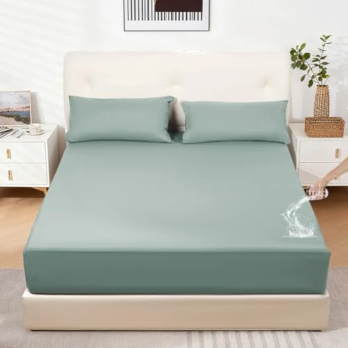 DUJUIKE Waterproof Mattress Protector, Waterproof Fitted Sheet, Deep Pocket, Suitable for 20-40 cm Mattresses, Suitable for Cats, Dogs, Children, Hypoallergenic (Green, 120 x 200 cm)