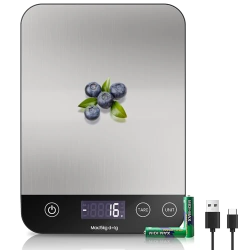Offerta a tempo: 【Ricaricabile & 15KG】 Bilancia Cucina Digitale, USB C Elettronica Bilancia da Cucina,Alta Precisione 1g/0.1oz Bilancia Alimenti, Professionale con Funzione Tare, Batterie Incluse - 0.00% da 23.99 € a 23.99 €
