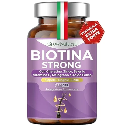 BIOTINA STRONG - Integratori per Capelli - Biotina Cheratina e Zinco - Vitamine per Crescita Capelli e anticaduta Donna e Uomo - 120 Compresse con Melograno, Vitamina C, Acido Folico e Selenio